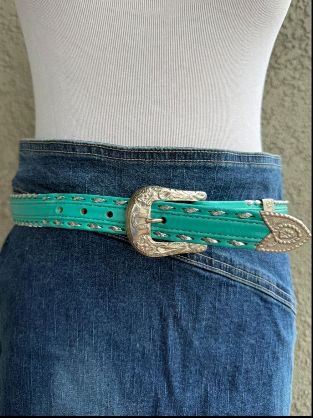Mallory Western Belt Buckstitch Turquoise Silver Blue 1UW Size 30 Tiffany blue
